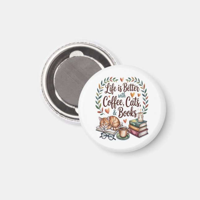 Imã A Vida é Melhor com Café Gatos Livros (Front/Back)