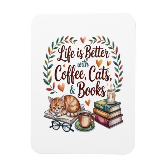 Ímã A Vida é Melhor com Café Gatos Livros (Vertical)