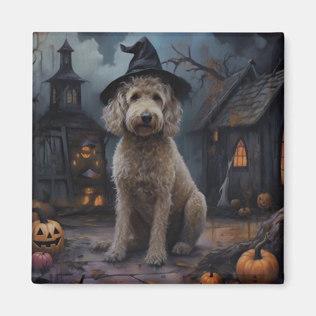 Imã Abóboras Goldendoodle Halloween Assustador (Frente)