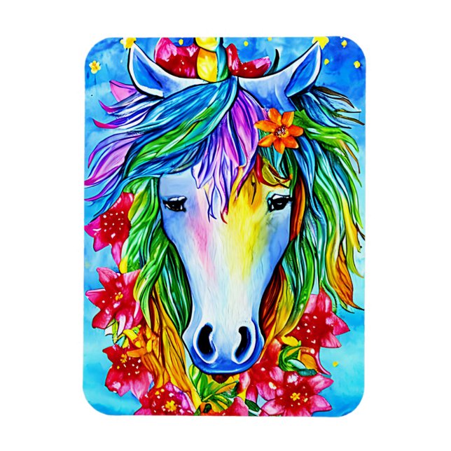 Ímã Abstrato unicórnio Flores de rosto aquarela Arte (Vertical)