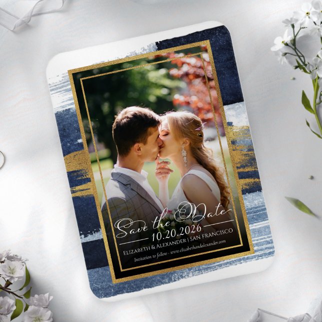 Ímã Abstrato Wedding Salvar Convites de Data | Azul (Criador carregado)