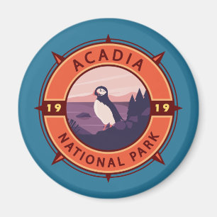 Imã Acadia National Park Puffin Retro Compass Emblem