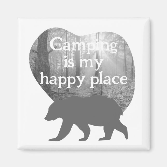 Imã Acampando meu lugar feliz preto em branco personal (Frente)