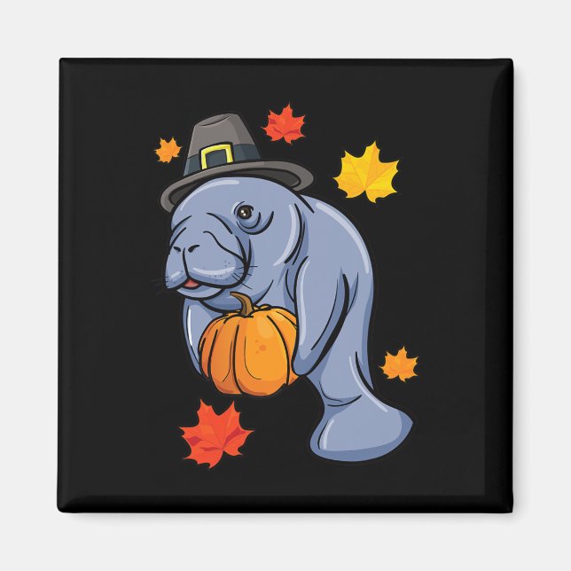 Imã Ação de Graças Manatee Pilgrim Fall Pumpkin Dugong (Frente)