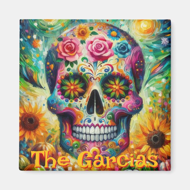 Imã Açúcar Crânio Rosas Florais Girassol Personalizado (Frente)