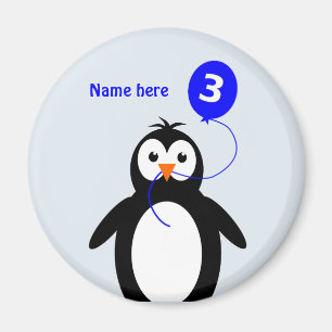 Imã Adicionar nome pinguim aniversário de 3 anos azul