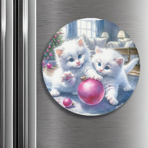 Imã Adoráveis Gatinhos Brancos Rosa Natal