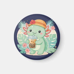 Imã Adorável Axolote Verde Kawaii Bebendo Chá de Boba