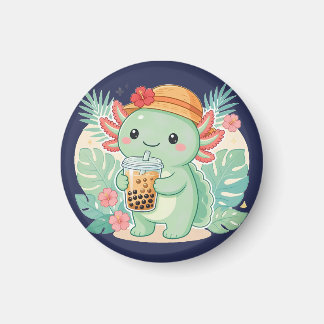 Imã Adorável Axolote Verde Kawaii Bebendo Chá de Boba