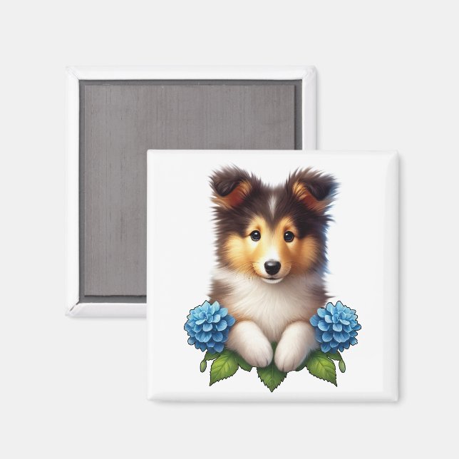 Imã Adorável Cachorrinho com Flores Azuis  (Front/Back)