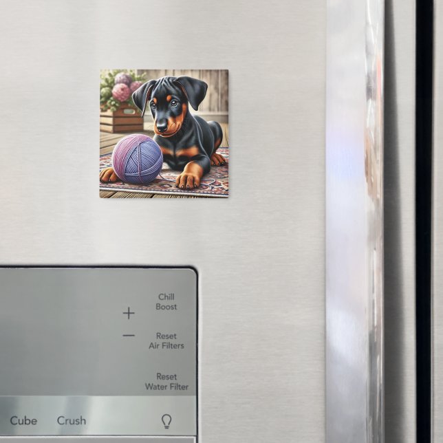 Imã Adorável cachorrinho preto e bronze com bola de lã (In Situ (Fridge))