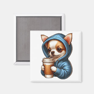 Imã Adorável Chihuahua Bebendo Café de Xícara