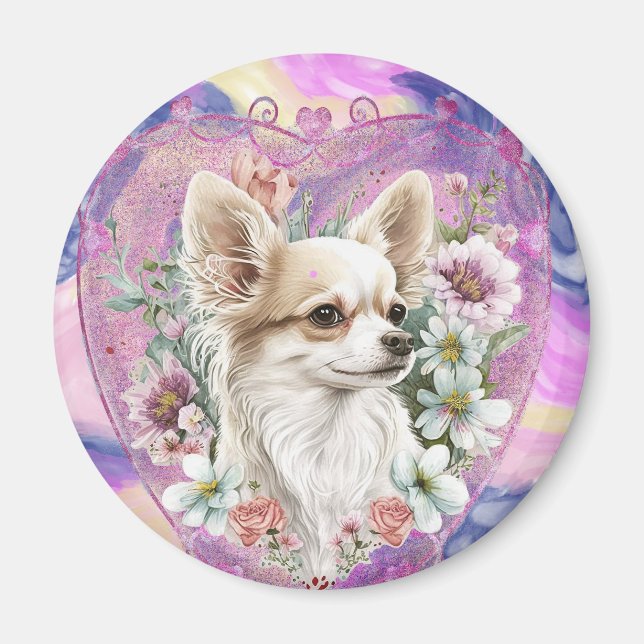 Imã Adorável Chihuahua com tema rosa-flores (Frente)