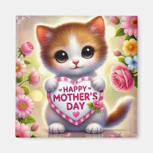 Imã Adorável Gatinho Segurando Coração do Dia das Mães