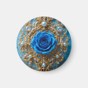 Imã Adorno Dourado com Rosa Azul e Pérola