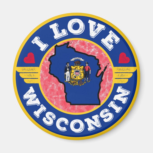 Imã Adoro Mapa e Bandeira do Estado de Wisconsin (Frente)
