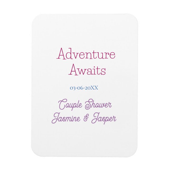 Ímã adventure awaits couple shower name date pink blue (Vertical)
