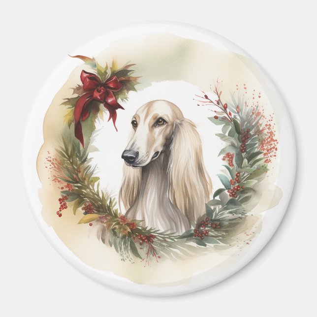 Imã Afghan Hound Christmas Wreath Festivo Pup (Frente)