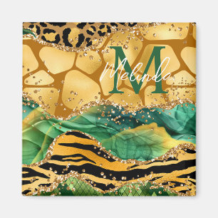 Imã Ágata de Impressão Animal Safari Dourado e Verde