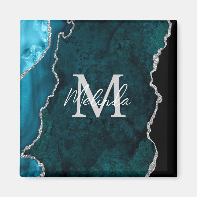 Imã Ágata Mármore Azul Teal e Prata (Frente)
