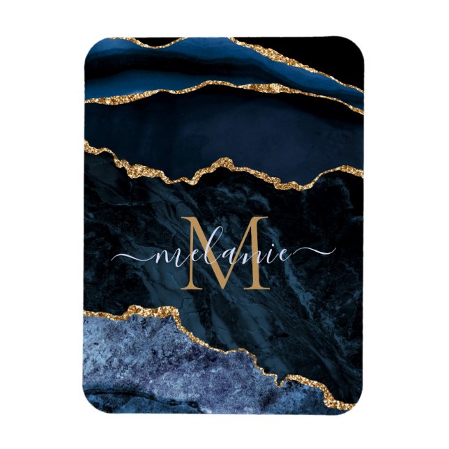 Ímã Agate Marinho Blue Gemstone Marble Monograma Nome (Vertical)