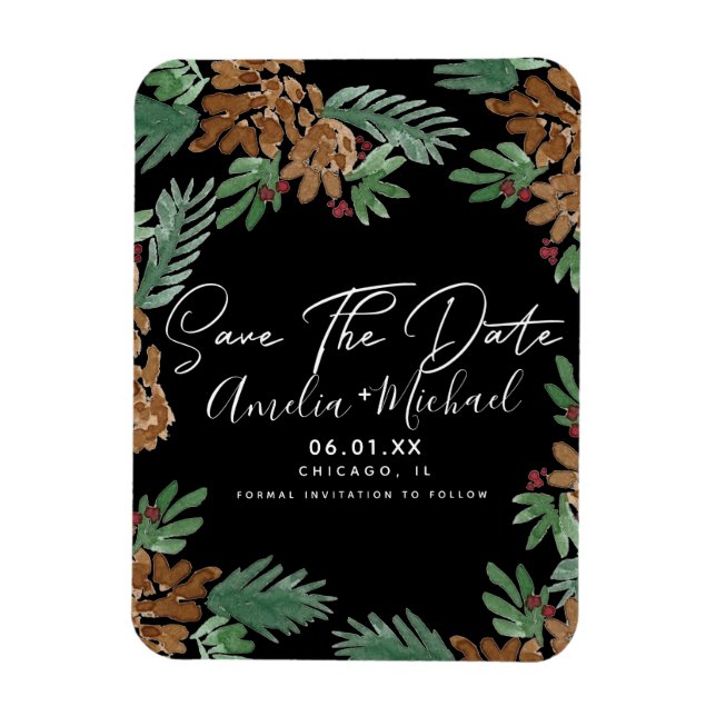 Ímã Água-forte de Natal Pinhas Preto Salvar a Data (Vertical)