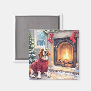 Imã Aguarela Basset Hound Cena de Natal com Lareira Ac