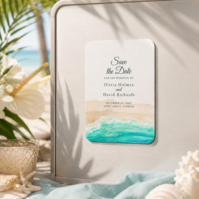 Ímã Aguarela Tropical Praia Salve a Data (Watercolor Tropical Beach Save the Date Magnet)