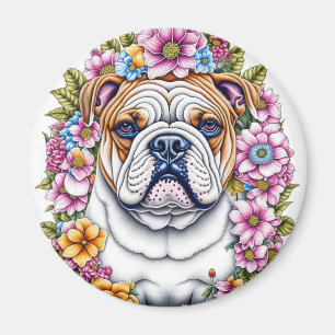 Imã Ai Art Bulldog Cercado por Flores Whimsical
