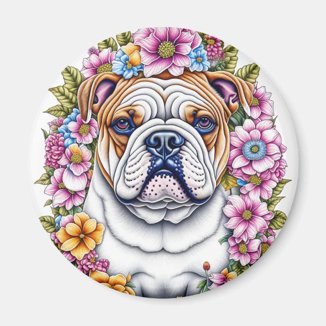 Imã Ai Art Bulldog Cercado por Flores Whimsical (Frente)