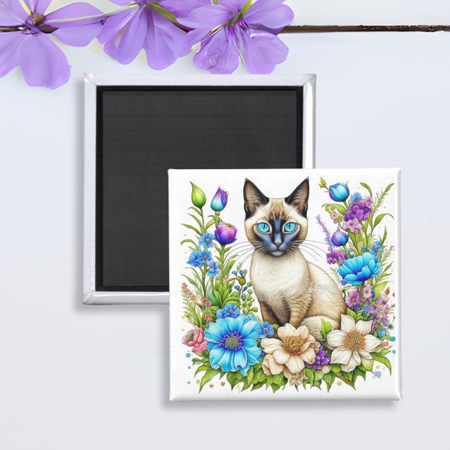 Imã Ai Watercolor Gato Siamês em Flores (Criador carregado)