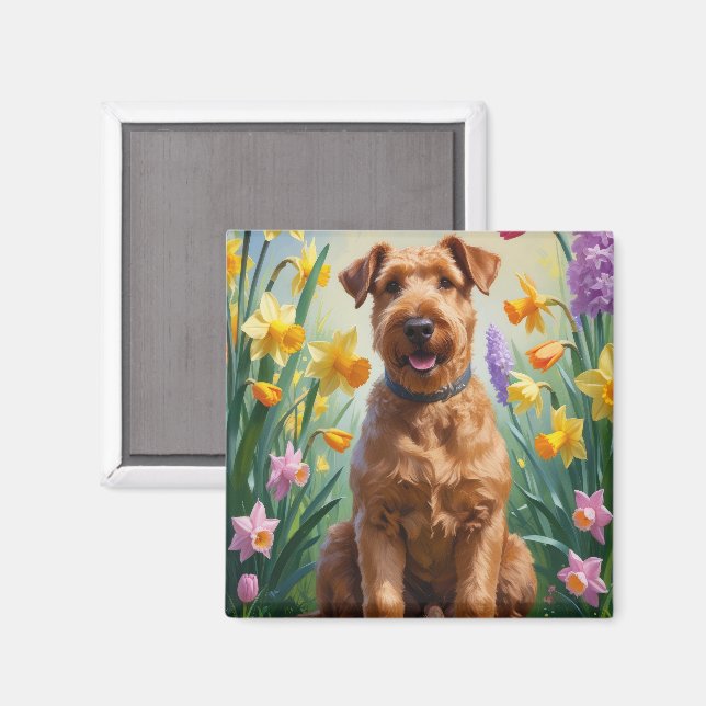 Imã Airedale Dog Spring Flowers Painting (Front/Back)