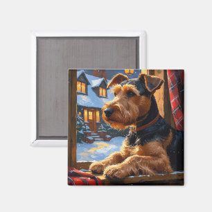 Imã Airedale Terrier Com Luzes De Natal Feriado