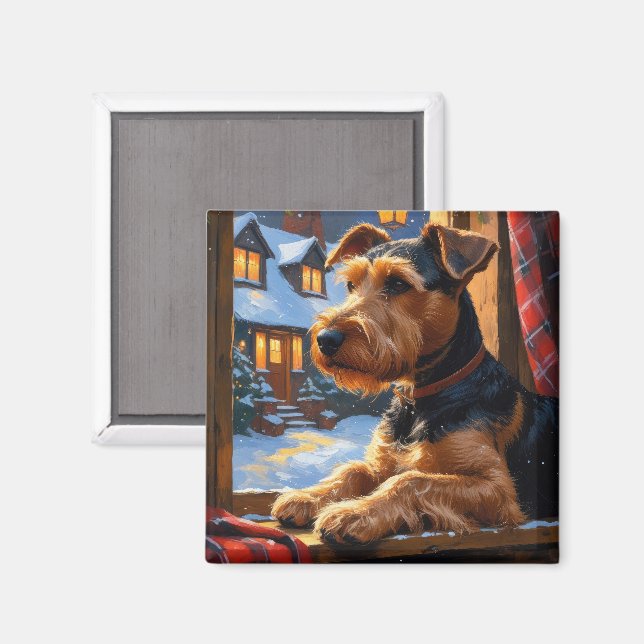 Imã Airedale Terrier Com Luzes De Natal Feriado  (Front/Back)