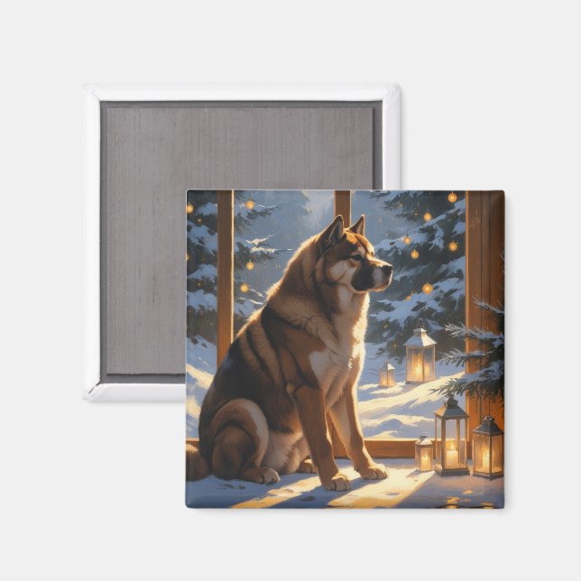 Imã Akita Americano com Luzes de Natal Feriado (Front/Back)