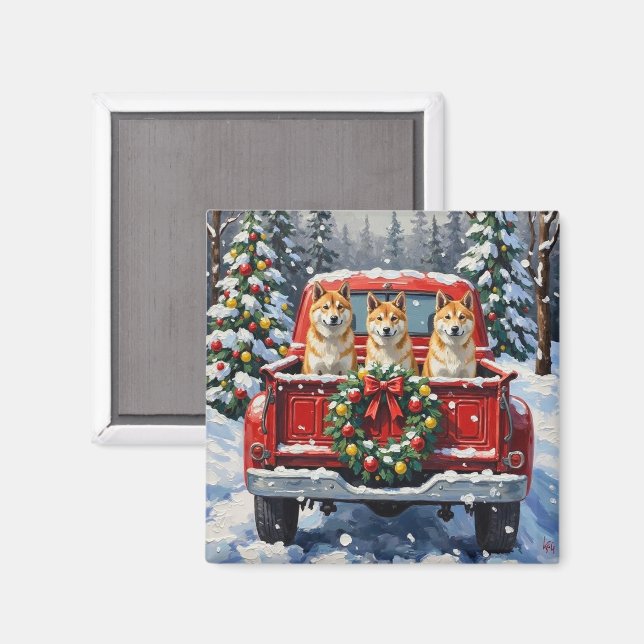Imã Akita Christmas Red Truck Holiday (Front/Back)