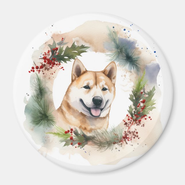 Imã Akita Christmas Wreath Festivo Pup (Frente)