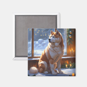 Imã Akita Com Luzes de Natal Feriado