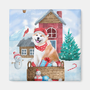 Imã Akita Dog Na Casa De Cachorro De Neve