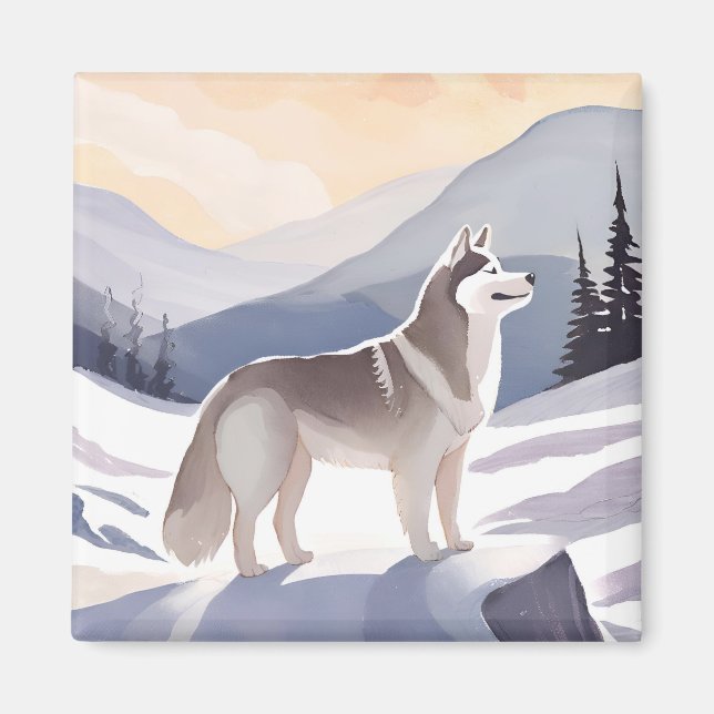 Imã Alaskan Husky | Dog Mountain Watercolor (Frente)