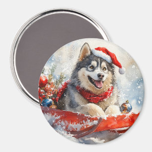 Imã Alaskan Malamute em Sledge Deixe-o nevar no Natal