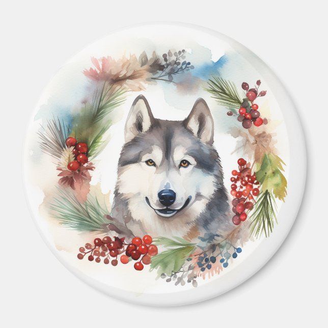 Imã Alaskan Malamute, Festivo Wreath Christmas Pup (Frente)