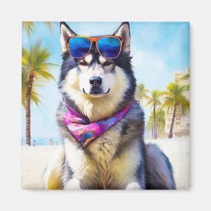 Imã Alaskan Malamute na praia, presente de verão