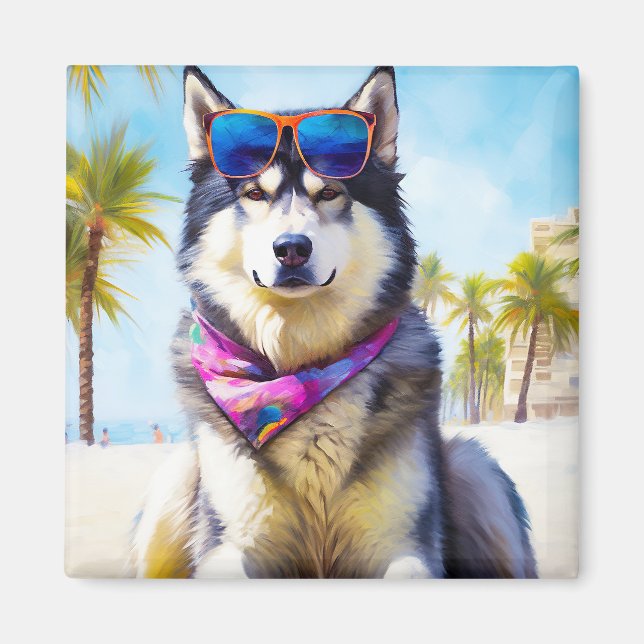 Imã Alaskan Malamute na praia, presente de verão (Frente)