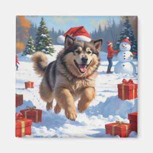 Imã Alaskan Malamute Natal Cena de Neve Festiva