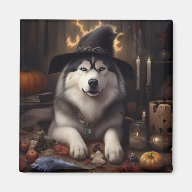 Imã Alaskan Malamute Pumpkins Halloween Scary (Frente)
