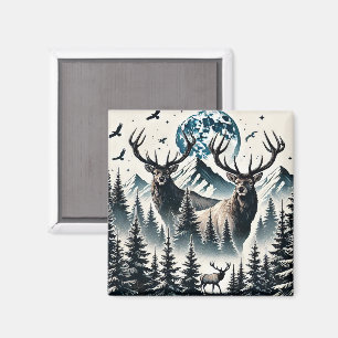 Imã Alce em uma Floresta Mística sob uma Montanha ao L