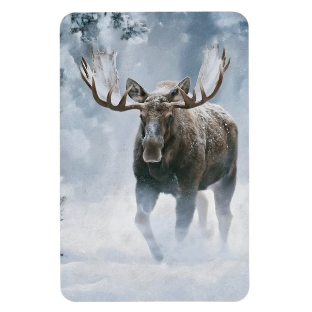 Ímã Alce Macho Caminhando pela Neve Boreal (Vertical)