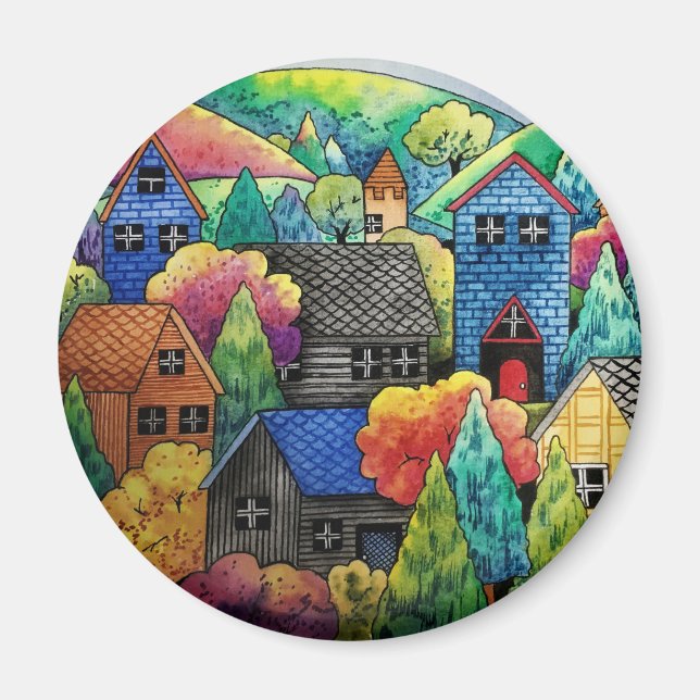 Imã Aldeia Do Lado Da Água Com Casas Coloridas (Frente)