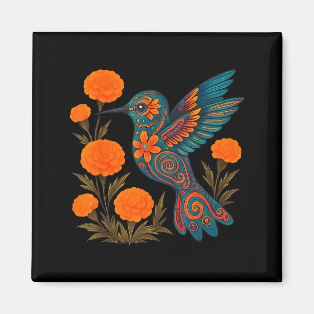 Imã Alebrije Hummingbird Flower Mexican Folk Art Bird  (Frente)